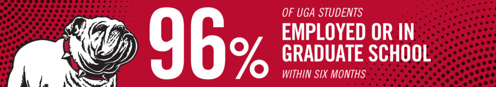 A red and black graphic that reads "96% of UGA students employed or in graduate school within six months." There is a sketch of a bulldog with a red collar in the bottom left corner of the graphic.