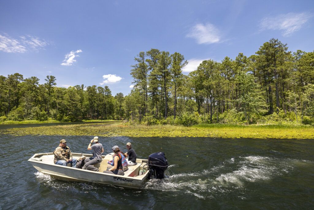 A closeup of a team of people riding a white motorboat across dark water. In the background is a bright, blue sky and a lush, green forest.