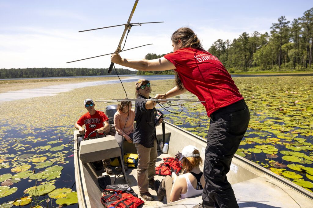 A group of researchers sit in a boat. One woman in a red shirt University of Georgia shirt hands a large antenna to a woman in a black shirt and brown cap who is standing in the boat.