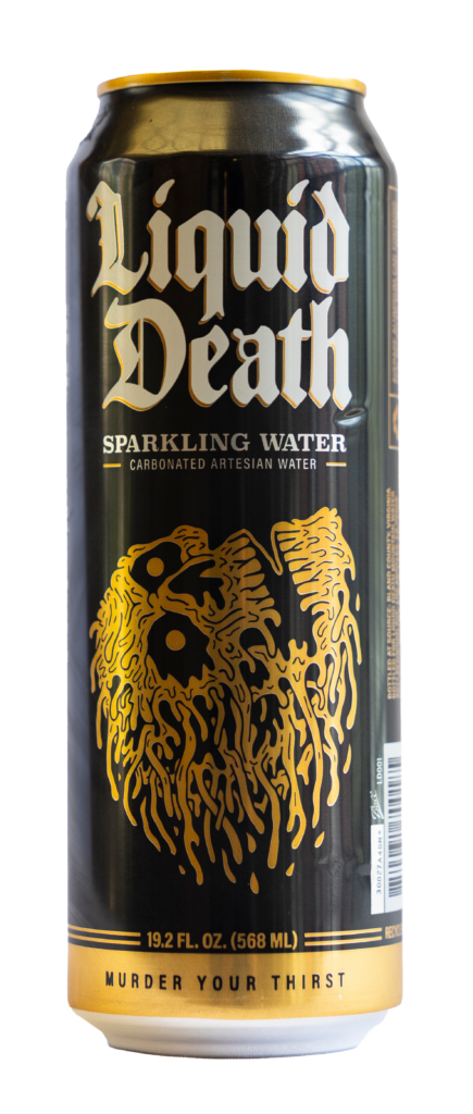 A closeup of a tall can of sparkling water from the company Liquid Death. The can is black and yellow with the tagline "Murder your thirst."