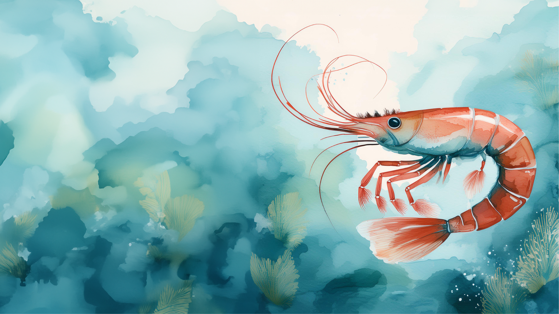 A watercolor-style illustration of a shrimp swimming in an underwater scene.