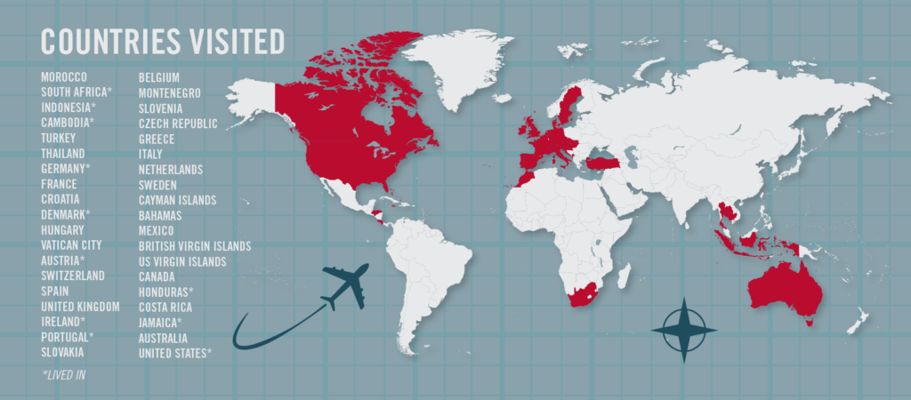 A world map shows which countries UGA student Julianne O'Connell has been to by coloring in those countries red. The rest of the land on the map is white.