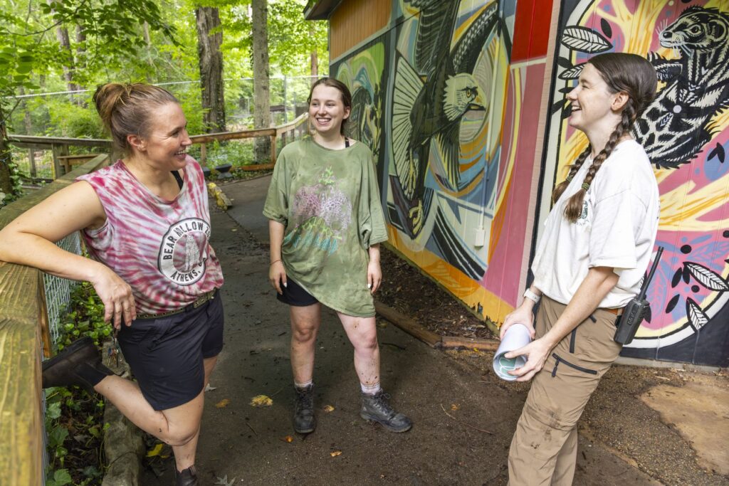 Three employees at Bear Hollow Zoo laugh and talk outside. There is a large and bright animal-themed mural behind them.