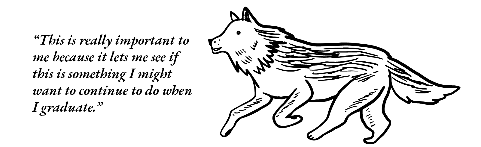 A sketch of a wolf on the right of the photo. On the left are the words "This is really important to me because it lets me see if this is something I might want to continue to do when I graduate."