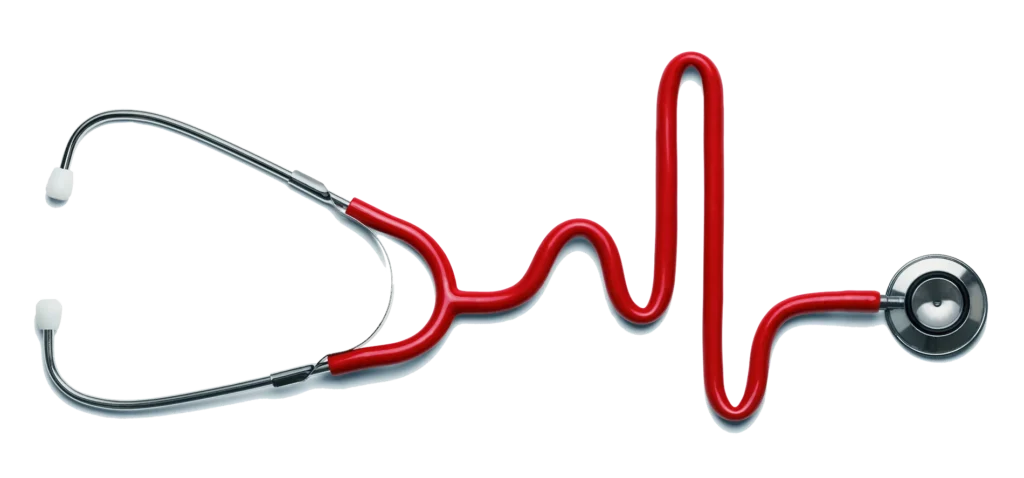 A red and silver stethoscope is posed to look like the readout on a heart monitor.