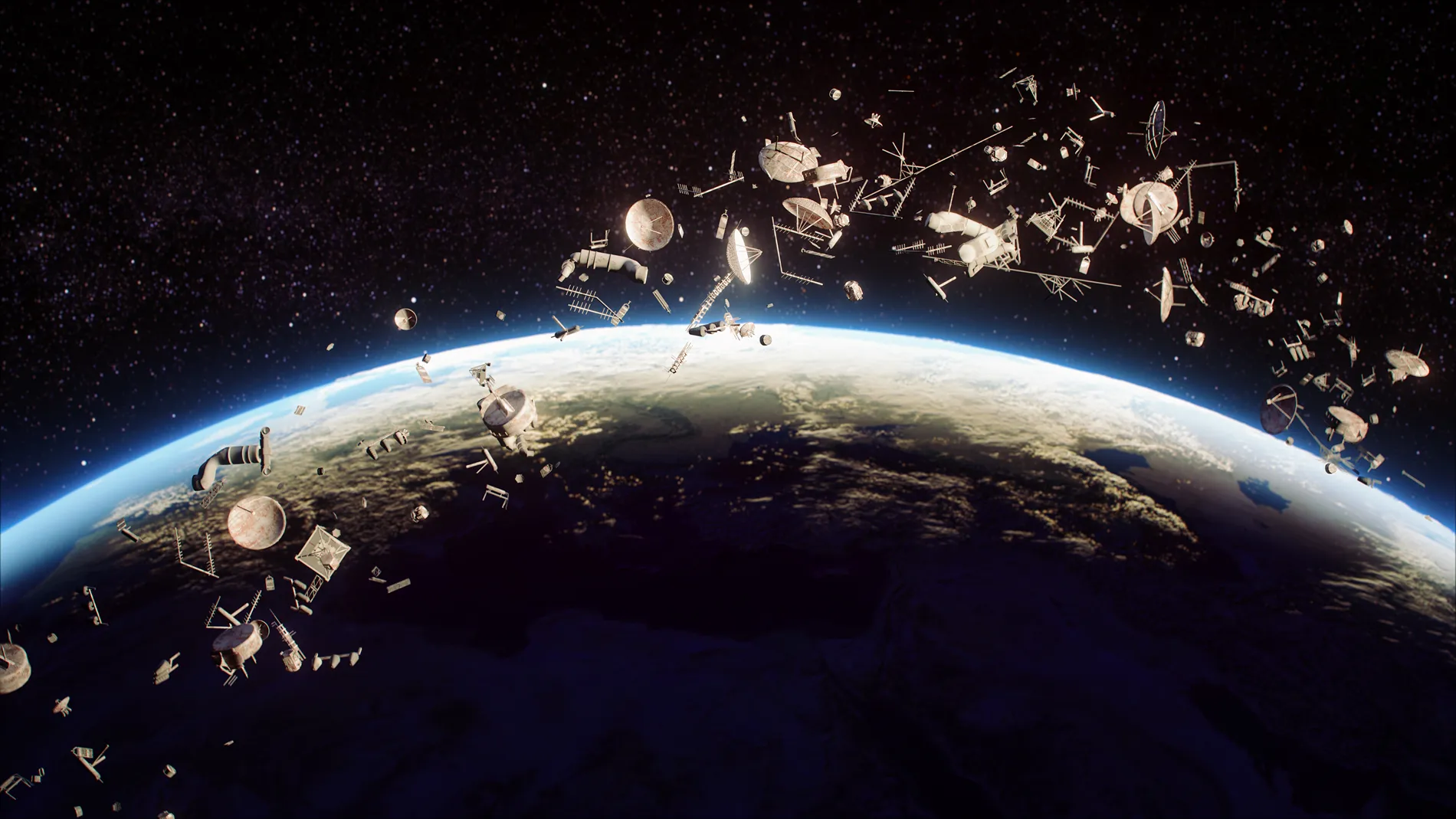 Space debris floats above the earth in outer space.