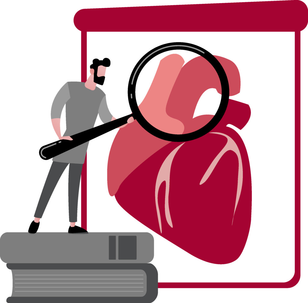 A black, white, and red graphic shows a tiny man looking at a heart through a magnifying glass.