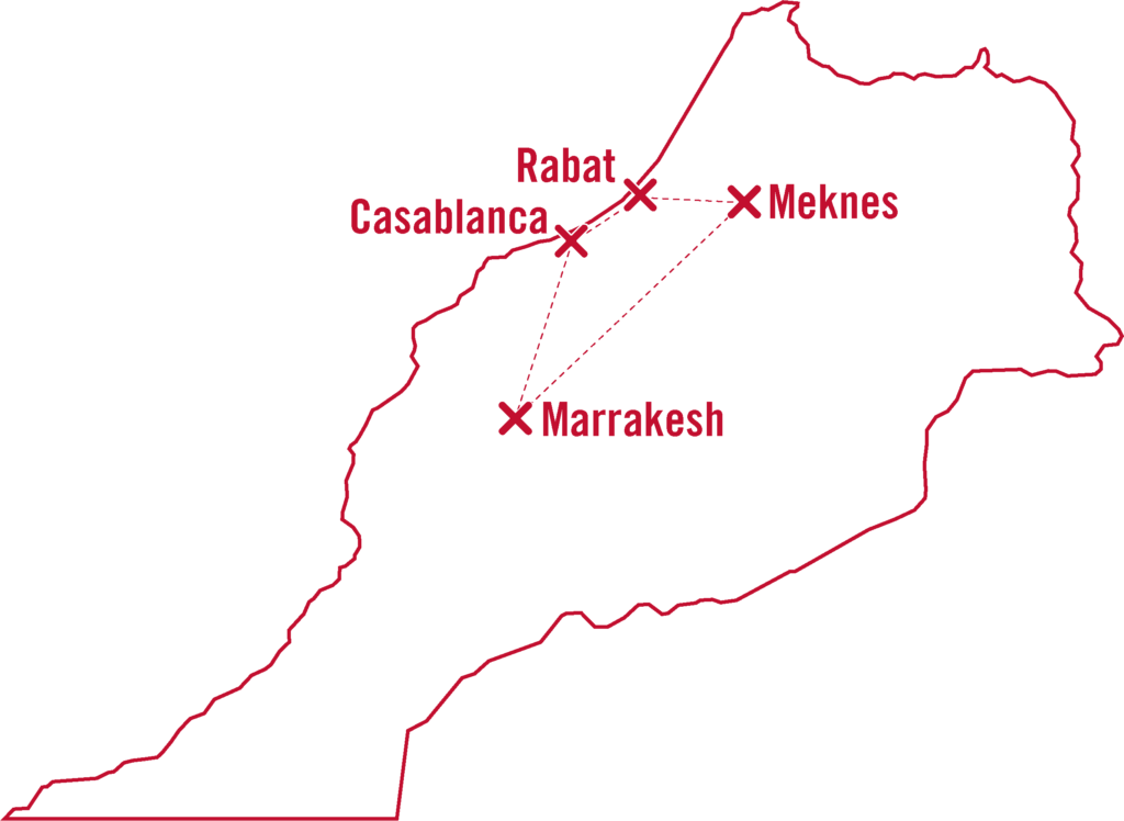 An outline of Morocco with symbols to mark specific cities including Casablanca, Rabat, Meknes, and Marrakesh.