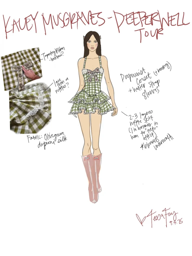 A sketch of a a woman wearing a short gingham dress for the Kasey Musgraves Deeper Well tour.