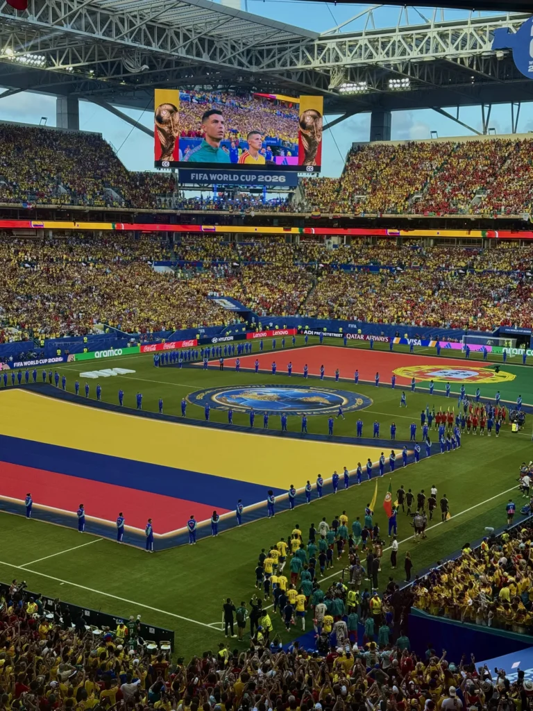 A colorful soccer field decorated with red, blue, and yellow is surrounded by fans in the bleachers.